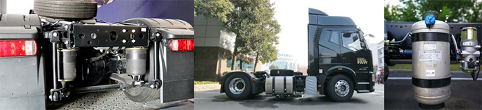 從左到右分別是：4氣囊超低鞍座、長(zhǎng)軸距設(shè)計(jì)、氣驅(qū)尿素